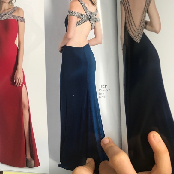 Peacock Blue off the shoulder beaded gown 18021 - Picture 4 of 6